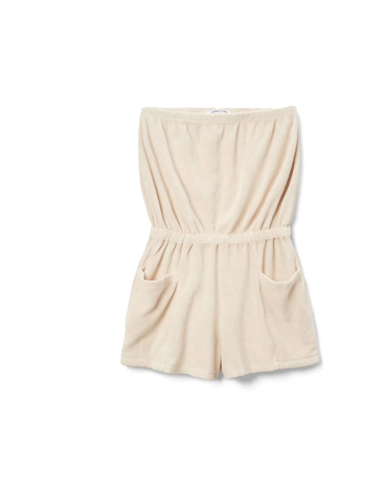 Front of a size L Jaclyn Loop Terry Strapless Romper in Sugar in Sugar by perfectwhitetee. | dia_product_style_image_id:335890